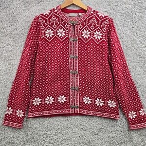 Croft & Barrow Womens Fair Isle Cardigan Sweater Red Size M Toggles Winter